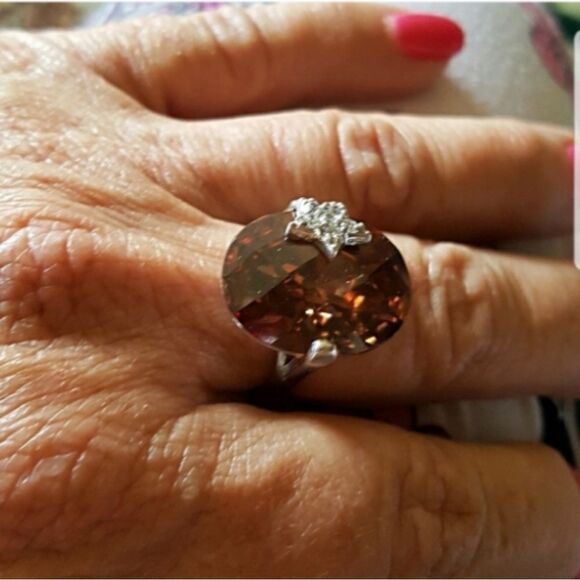 SMOKY TOPAZ STERLING RING W/ PAVE CZs - Picture 1 of 5